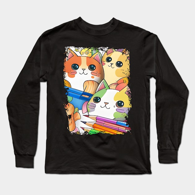 Funny and Cute Cat Crayon with a rainbow Long Sleeve T-Shirt by Felix Rivera